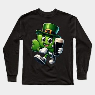 Irish Shamrock cartoon character holding a pint Long Sleeve T-Shirt